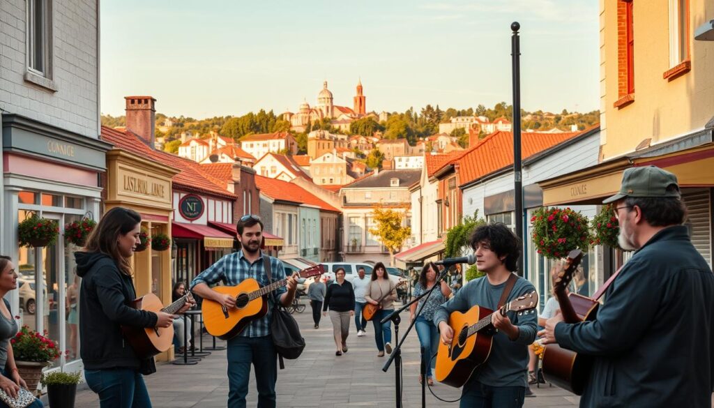 pemandangan kota kecil dengan musisi busking