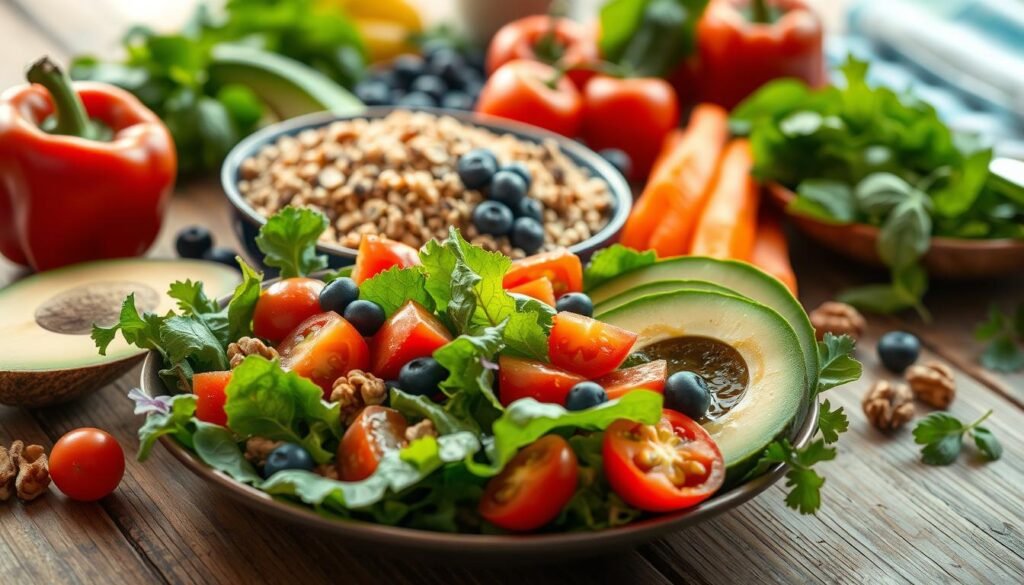 A beautifully arranged healthy meal spread on a rustic wooden table, featuring a variety of colorful fresh fruits and vegetables, whole grains, and lean proteins. In the foreground, showcase a vibrant salad with greens, red bell peppers, sliced avocados, and cherry tomatoes, garnished with a drizzle of olive oil. A bowl of quinoa sits in the middle, surrounded by blueberries and walnuts. Soft, natural lighting bathes the scene, highlighting the freshness of the ingredients. In the background, there is a hint of herbs like basil and parsley for added texture. The atmosphere is inviting and wholesome, evoking a sense of vitality and well-being, perfect for promoting healthy eating habits. The angle is slightly elevated, capturing the detail of the meal while inviting the viewer into the scene. A beautifully arranged healthy meal spread on a rustic wooden table, featuring a variety of colorful fresh fruits and vegetables, whole grains, and lean proteins. In the foreground, showcase a vibrant salad with greens, red bell peppers, sliced avocados, and cherry tomatoes, garnished with a drizzle of olive oil. A bowl of quinoa sits in the middle, surrounded by blueberries and walnuts. Soft, natural lighting bathes the scene, highlighting the freshness of the ingredients. In the background, there is a hint of herbs like basil and parsley for added texture. The atmosphere is inviting and wholesome, evoking a sense of vitality and well-being, perfect for promoting healthy eating habits. The angle is slightly elevated, capturing the detail of the meal while inviting the viewer into the scene.