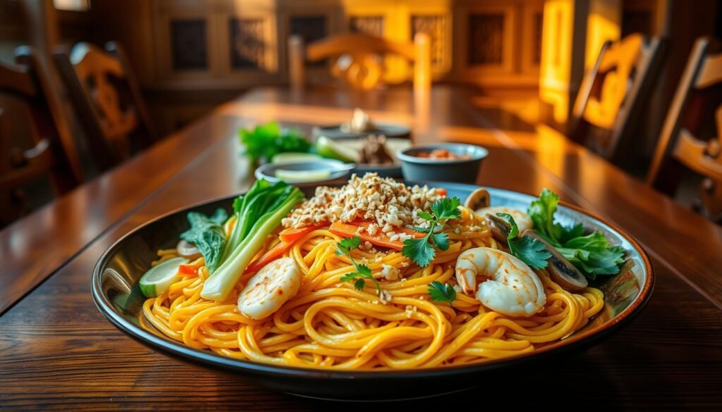 A beautifully arranged plate of authentic Indonesian Bakmi Goreng sits in the foreground, showcasing stir-fried yellow noodles, perfectly caramelized to a golden hue. The noodles are garnished with fresh vegetables like vibrant green bok choy, thinly sliced carrots, and tender mushrooms, along with succulent pieces of chicken and shrimp. The dish is topped with a sprinkle of crispy shallots and fresh cilantro for an extra burst of color. In the middle, a scattering of accompanying condiments, such as sambal and lime slices, enhances the visual appeal. The background features a traditional Indonesian wooden table set in a warm, inviting atmosphere, illuminated by soft, natural light casting gentle shadows. This image conveys a cozy dining experience, reflecting the rich culinary heritage of Indonesia.