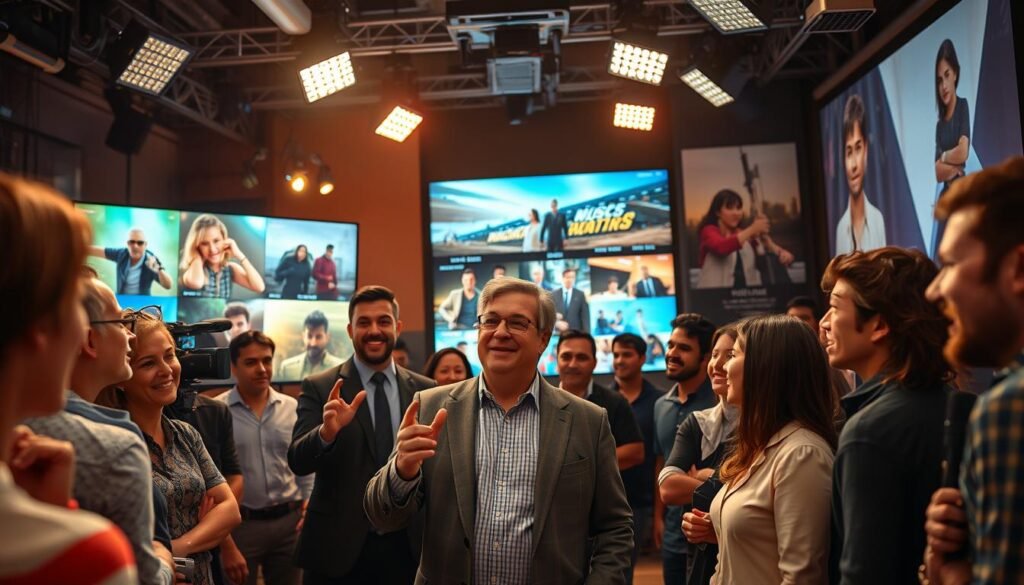A cinematic scene capturing a bustling film studio environment, where a diverse group of filmmakers and actors are enthusiastically discussing the latest viral movie trailers. In the foreground, a confident director in business attire gestures animatedly, surrounded by a mix of excited professionals in modest casual clothing. The middle ground features a large digital screen displaying vibrant, eye-catching visuals of trending trailers, with glimpses of cinematic action scenes. The background showcases towering studio lights and large posters of popular films, creating a lively atmosphere. Soft, warm lighting bathes the scene, with a slight cinematic blur around the edges to convey motion and excitement. The overall mood is energetic and inspiring, reflecting the buzz surrounding the latest trends in film trailers.