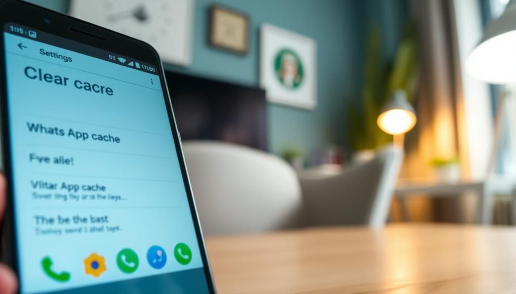 A close-up view of an Android smartphone displaying the settings menu for clearing the cache, specifically highlighting the WhatsApp app option. The foreground features the phone with a modern design, showing a clear digital screen filled with app icons. In the middle ground, a hand in a smart casual outfit is gently navigating the touchscreen, emphasizing action and engagement. The background is blurred, showcasing a cozy, well-lit room with a desk and soft ambient lighting, suggesting a sense of productivity and focus. The overall mood is informative and inviting, reflecting a modern tech-savvy environment.
