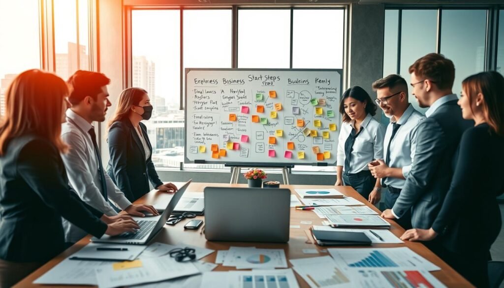 A collaborative workspace scene illustrating the preparation for starting a small business. In the foreground, a diverse group of individuals, all dressed in professional business attire, are engaging in a brainstorming session around a large table covered with business plans, graphs, and a laptop displaying financial projections. The middle ground features a whiteboard filled with colorful sticky notes and ideas, highlighting key steps in entrepreneurship. In the background, large windows offer a view of a cityscape, bathing the space in warm, natural light. The atmosphere is vibrant and focused, conveying a sense of motivation and teamwork as they discuss strategies for success. The image should be captured from a slightly elevated angle, emphasizing the active collaboration in this bright and inviting office setting. A collaborative workspace scene illustrating the preparation for starting a small business. In the foreground, a diverse group of individuals, all dressed in professional business attire, are engaging in a brainstorming session around a large table covered with business plans, graphs, and a laptop displaying financial projections. The middle ground features a whiteboard filled with colorful sticky notes and ideas, highlighting key steps in entrepreneurship. In the background, large windows offer a view of a cityscape, bathing the space in warm, natural light. The atmosphere is vibrant and focused, conveying a sense of motivation and teamwork as they discuss strategies for success. The image should be captured from a slightly elevated angle, emphasizing the active collaboration in this bright and inviting office setting.