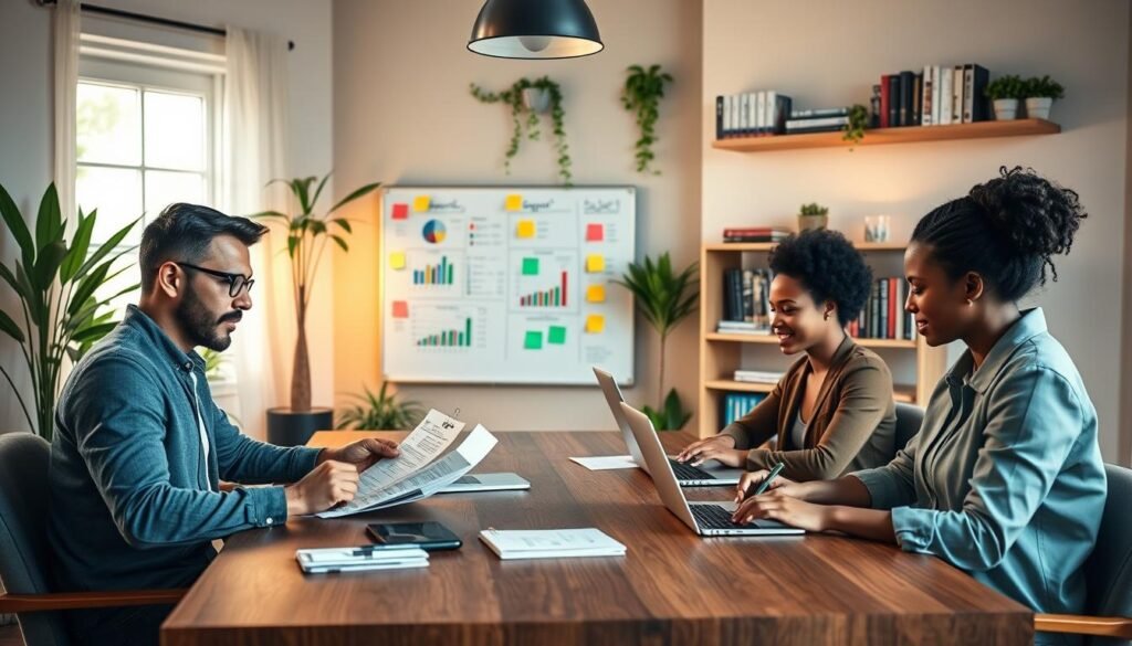 A cozy home office scene reflecting effective financial management for a modern home business. In the foreground, a diverse group of three professionals are seated around a stylish wooden table, examining financial documents and using laptops. One person gestures thoughtfully, while another types notes into a notebook. In the middle ground, a wall whiteboard displays colorful charts and strategic plans with sticky notes. The background features a warm, ambient light filtering through a window, illuminating green plants and shelves filled with books. The atmosphere is collaborative and focused, promoting a sense of productivity and success, with a clean, well-organized workspace. The setting is inviting yet professional, showcasing tips for managing home business finances in a visually appealing manner. A cozy home office scene reflecting effective financial management for a modern home business. In the foreground, a diverse group of three professionals are seated around a stylish wooden table, examining financial documents and using laptops. One person gestures thoughtfully, while another types notes into a notebook. In the middle ground, a wall whiteboard displays colorful charts and strategic plans with sticky notes. The background features a warm, ambient light filtering through a window, illuminating green plants and shelves filled with books. The atmosphere is collaborative and focused, promoting a sense of productivity and success, with a clean, well-organized workspace. The setting is inviting yet professional, showcasing tips for managing home business finances in a visually appealing manner.