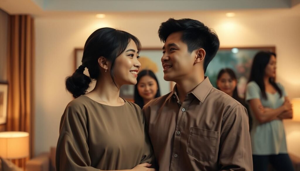 A dramatic scene from a popular Indonesian sinetron, featuring a young couple in a heartfelt emotional moment. In the foreground, the couple stands closely, their faces expressing deep emotions—joy, sorrow, and love. The woman wears a simple but elegant modest outfit, while the man is in a smart-casual shirt; both are looking into each other's eyes. In the middle ground, blurred figures of friends and family convey support and concern. The background includes a cozy living room setting, with warm lighting creating a soft, intimate atmosphere. The scene is captured from a slightly low angle, emphasizing the couple's connection and the emotion of the moment, evoking a sense of drama and anticipation. A dramatic scene from a popular Indonesian sinetron, featuring a young couple in a heartfelt emotional moment. In the foreground, the couple stands closely, their faces expressing deep emotions—joy, sorrow, and love. The woman wears a simple but elegant modest outfit, while the man is in a smart-casual shirt; both are looking into each other's eyes. In the middle ground, blurred figures of friends and family convey support and concern. The background includes a cozy living room setting, with warm lighting creating a soft, intimate atmosphere. The scene is captured from a slightly low angle, emphasizing the couple's connection and the emotion of the moment, evoking a sense of drama and anticipation.