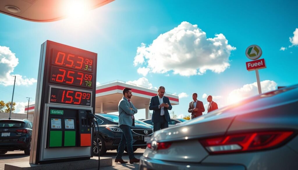 A dynamic scene illustrating the recent change in fuel prices, featuring a brightly-lit gas station with fuel pumps prominently in the foreground, showcasing digital price displays that reflect fluctuating numbers. In the middle ground, cars are lined up, some drivers looking at their smartphones, while a few professional individuals in business attire engage in conversation, emphasizing the impact of fuel price changes. The background includes a clear blue sky with fluffy white clouds, and the sun casting a warm glow to create an optimistic atmosphere. The lens perspective is slightly angled, capturing both the bustling activity at the gas station and the attention on the price adjustments, conveying a sense of urgency and transition.