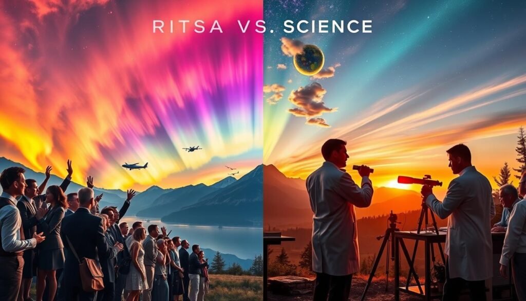 A dynamic split-scene illustrating "speculation vs science on viral sky phenomena." In the foreground, on the left, depict an enthusiastic crowd of diverse individuals passionately discussing unusual sky events, dressed in professional business attire. The right side features scientists in lab coats, analyzing data with telescopes and computers, illustrating their methodical approach. In the middle ground, a colorfully dramatic sky showcases captivating phenomena like auroras, unusual clouds, and celestial events, symbolizing both myth and reality. The background features a serene landscape with mountains and trees under the vibrant sky. The lighting is a warm sunset glow, casting soft shadows that enhance the contrasting themes. The overall mood is engaging, thought-provoking, and visually striking, emphasizing the dialogue between speculation and scientific inquiry. A dynamic split-scene illustrating "speculation vs science on viral sky phenomena." In the foreground, on the left, depict an enthusiastic crowd of diverse individuals passionately discussing unusual sky events, dressed in professional business attire. The right side features scientists in lab coats, analyzing data with telescopes and computers, illustrating their methodical approach. In the middle ground, a colorfully dramatic sky showcases captivating phenomena like auroras, unusual clouds, and celestial events, symbolizing both myth and reality. The background features a serene landscape with mountains and trees under the vibrant sky. The lighting is a warm sunset glow, casting soft shadows that enhance the contrasting themes. The overall mood is engaging, thought-provoking, and visually striking, emphasizing the dialogue between speculation and scientific inquiry.