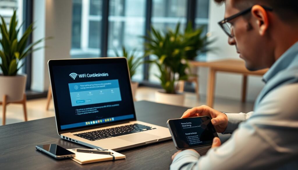 A focused scene of a professional workspace featuring a laptop on a desk, displaying a WiFi connection troubleshooter screen. In the foreground, a person in business attire, perhaps an IT technician or a dedicated user, is attentively examining the laptop screen, with their hands poised above the keyboard ready to troubleshoot. In the middle, the desk is organized with a notepad, a pen, and a smartphone displaying network settings. In the background, a modern office setting with potted plants and soft ambient lighting, suggesting a calm environment conducive to problem-solving. The atmosphere is serious yet hopeful, reflecting the initial steps taken to remedy a WiFi connection issue. Use soft focus on the background to emphasize the laptop and the technician's engaged expression. A focused scene of a professional workspace featuring a laptop on a desk, displaying a WiFi connection troubleshooter screen. In the foreground, a person in business attire, perhaps an IT technician or a dedicated user, is attentively examining the laptop screen, with their hands poised above the keyboard ready to troubleshoot. In the middle, the desk is organized with a notepad, a pen, and a smartphone displaying network settings. In the background, a modern office setting with potted plants and soft ambient lighting, suggesting a calm environment conducive to problem-solving. The atmosphere is serious yet hopeful, reflecting the initial steps taken to remedy a WiFi connection issue. Use soft focus on the background to emphasize the laptop and the technician's engaged expression.