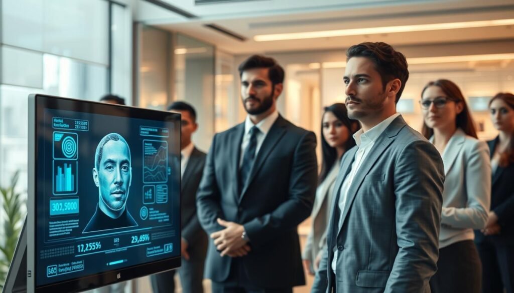 A futuristic scene showcasing facial recognition technology in action, with a diverse group of professionals in modern business attire standing in a high-tech office environment. In the foreground, a sleek computer monitor displays a facial recognition interface, highlighting a human face being scanned with digital data overlays. The middle ground features a large transparent screen with biometric data and analytics visualizations, while the background shows a contemporary office space with illuminated smart devices and futuristic architecture. Soft, ambient lighting creates a professional atmosphere, emphasizing innovation and security. The shot is captured from a slightly elevated angle, providing a dynamic perspective on cutting-edge biometric technology in a corporate setting. A futuristic scene showcasing facial recognition technology in action, with a diverse group of professionals in modern business attire standing in a high-tech office environment. In the foreground, a sleek computer monitor displays a facial recognition interface, highlighting a human face being scanned with digital data overlays. The middle ground features a large transparent screen with biometric data and analytics visualizations, while the background shows a contemporary office space with illuminated smart devices and futuristic architecture. Soft, ambient lighting creates a professional atmosphere, emphasizing innovation and security. The shot is captured from a slightly elevated angle, providing a dynamic perspective on cutting-edge biometric technology in a corporate setting.