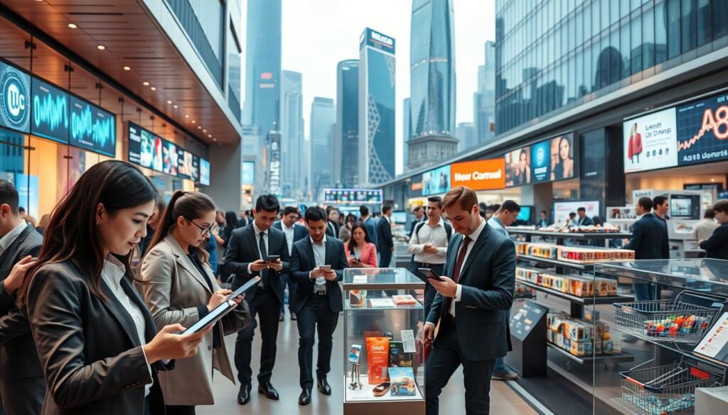 A modern, bustling digital marketplace scene capturing the essence of evolving consumer behavior in 2025. In the foreground, a diverse group of professionals in smart business attire engage with advanced digital devices, analyzing data and shopping online. In the middle ground, vibrant displays of innovative products and an array of digital advertisements illustrate various online trends. The background showcases a sleek, futuristic cityscape with towering buildings reflecting technological advancements and the digital economy. Soft, warm lighting creates an inviting atmosphere, emphasizing the dynamic interaction between consumers and technology. The angle is slightly elevated for a comprehensive view of this lively, interconnected environment, symbolizing the promising opportunities in online business for the future.