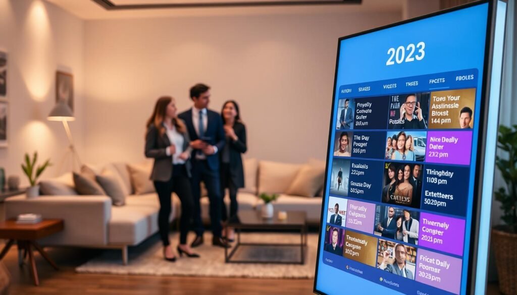 A modern digital display board showcasing the schedule of upcoming television dramas for 2025. In the foreground, a sleek, illuminated screen with a colorful, user-friendly interface highlighting various show titles and their airtime, arranged in an organized grid. In the middle ground, a contemporary living room setting with a stylish sofa and a coffee table, where a group of three diverse individuals dressed in casual business attire are discussing the shows, with excitement visible on their faces. The background features a cozy ambiance with soft lighting and minimalist decor that suggests a warm, inviting atmosphere. The overall mood is one of anticipation and enthusiasm for the new dramas, captured with a warm color palette and a slightly blurred depth of field to emphasize the subjects in the foreground. A modern digital display board showcasing the schedule of upcoming television dramas for 2025. In the foreground, a sleek, illuminated screen with a colorful, user-friendly interface highlighting various show titles and their airtime, arranged in an organized grid. In the middle ground, a contemporary living room setting with a stylish sofa and a coffee table, where a group of three diverse individuals dressed in casual business attire are discussing the shows, with excitement visible on their faces. The background features a cozy ambiance with soft lighting and minimalist decor that suggests a warm, inviting atmosphere. The overall mood is one of anticipation and enthusiasm for the new dramas, captured with a warm color palette and a slightly blurred depth of field to emphasize the subjects in the foreground.