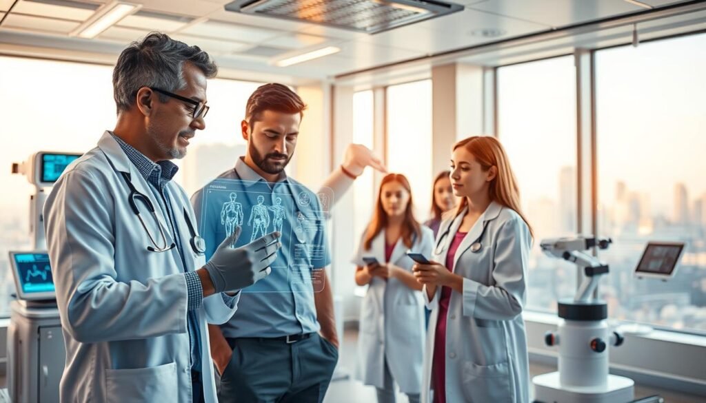 A modern health technology therapy scene showcasing advanced medical devices in a sleek, high-tech clinical setting. In the foreground, a diverse group of healthcare professionals in professional attire, closely examining a patient’s data displayed on a futuristic holographic interface. The middle layer features innovative therapy equipment like robotic arms and interactive screens, demonstrating a new form of patient care. In the background, the room is brightly lit with soft, warm lighting, and large windows showing a vibrant cityscape, symbolizing accessibility of healthcare innovations. The atmosphere is one of optimism and progress, highlighting the merging of technology and personal care in a contemporary healthcare environment.