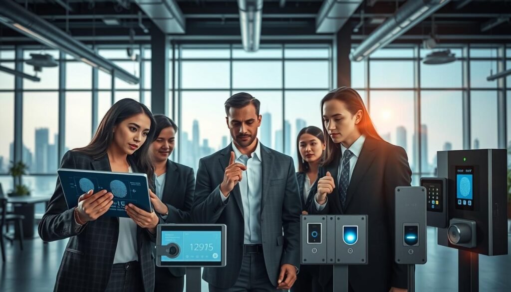A modern industrial office interior showcasing the application of biometric security systems. In the foreground, a diverse group of professionals in business attire closely examines fingerprint and facial recognition technology on sleek digital displays. The middle ground features high-tech biometric scanners and access control panels seamlessly integrated into the design, emphasizing security and efficiency. The background displays a futuristic city skyline through large glass windows, symbolizing progress and innovation. Soft, ambient lighting creates a professional and inviting atmosphere, while a slight lens flare adds a dynamic touch. The perspective is slightly angled to enhance depth and focus on the biometric devices, inspiring a sense of trust and advanced technology. A modern industrial office interior showcasing the application of biometric security systems. In the foreground, a diverse group of professionals in business attire closely examines fingerprint and facial recognition technology on sleek digital displays. The middle ground features high-tech biometric scanners and access control panels seamlessly integrated into the design, emphasizing security and efficiency. The background displays a futuristic city skyline through large glass windows, symbolizing progress and innovation. Soft, ambient lighting creates a professional and inviting atmosphere, while a slight lens flare adds a dynamic touch. The perspective is slightly angled to enhance depth and focus on the biometric devices, inspiring a sense of trust and advanced technology.
