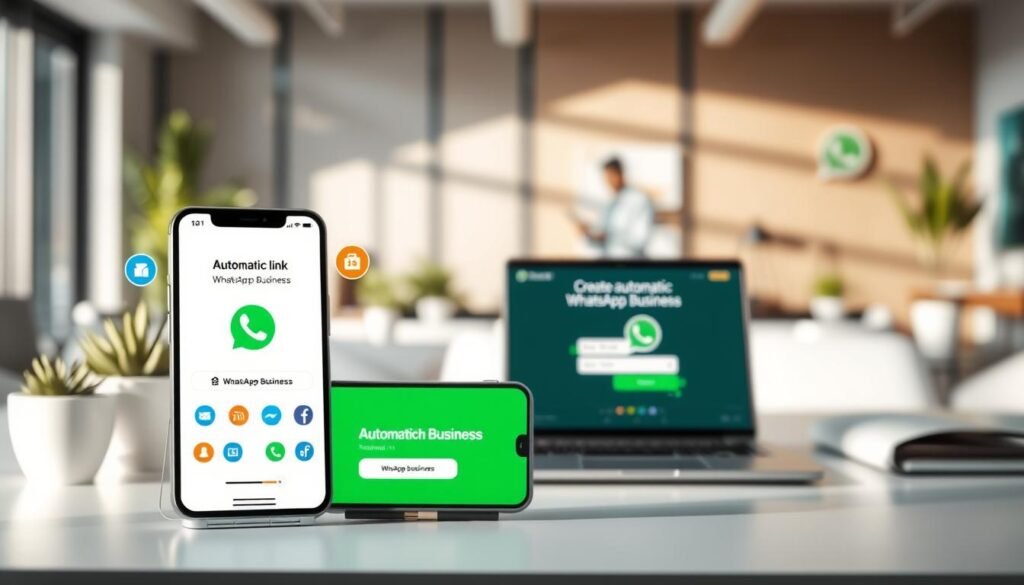 A modern, sleek workspace showcasing the features of WhatsApp Business in a visually engaging and informative manner. In the foreground, a smartphone displaying the WhatsApp Business interface, highlighting the automatic link creation feature, surrounded by vibrant icons symbolizing messaging and connectivity. In the middle, a desktop with a laptop open, showing a clear and attractive website interface for creating automatic WhatsApp links. In the background, softly blurred office elements, like plant decor and modern furniture, suggesting a professional yet warm atmosphere. Natural light streams through a window, creating a welcoming vibe. The mood is innovative and productive, inviting the viewer to explore business solutions with WhatsApp.