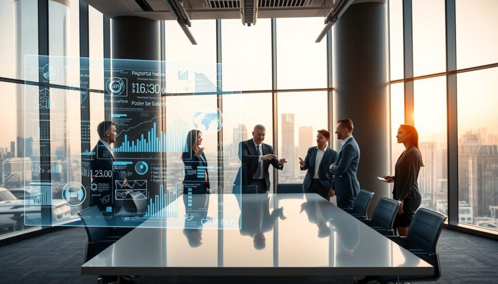 A modern technology office, showcasing an interactive holographic display in the foreground that illustrates dynamic data visualizations and presentations. In the middle, a diverse team of professionals in smart business attire collaborates around a sleek conference table, engaged in discussion and pointing at the hologram. The background features floor-to-ceiling windows with a futuristic city skyline, bathed in soft, warm natural light. The atmosphere is vibrant and innovative, combining elements of high technology with a welcoming corporate environment. Use a wide-angle lens to capture the depth of the workspace, highlighting both the advanced technology and the teamwork involved, all while maintaining clarity and an inviting mood. A modern technology office, showcasing an interactive holographic display in the foreground that illustrates dynamic data visualizations and presentations. In the middle, a diverse team of professionals in smart business attire collaborates around a sleek conference table, engaged in discussion and pointing at the hologram. The background features floor-to-ceiling windows with a futuristic city skyline, bathed in soft, warm natural light. The atmosphere is vibrant and innovative, combining elements of high technology with a welcoming corporate environment. Use a wide-angle lens to capture the depth of the workspace, highlighting both the advanced technology and the teamwork involved, all while maintaining clarity and an inviting mood.