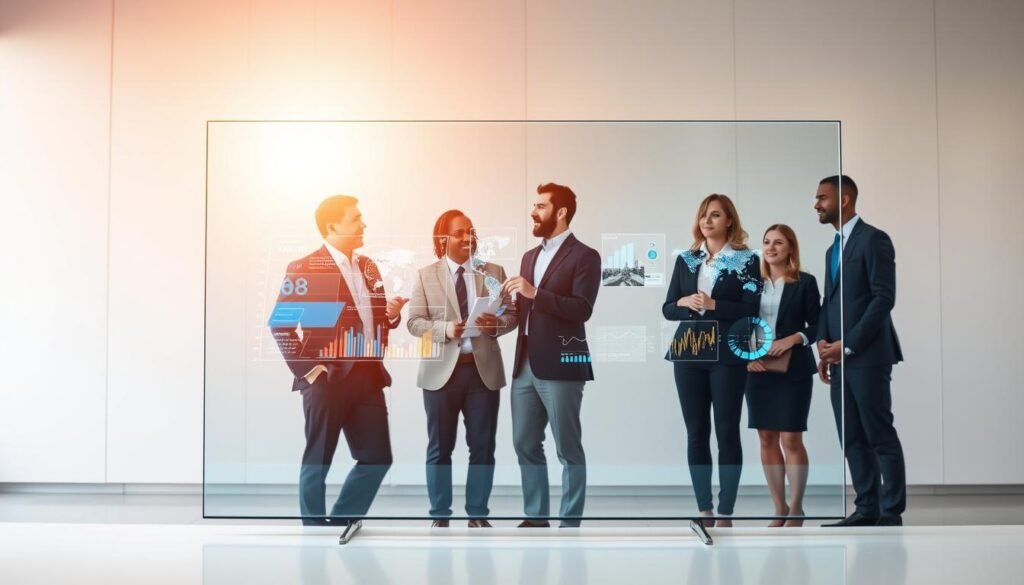A modern transparent LCD screen seamlessly integrated into a sleek, minimalist office environment. In the foreground, the screen displays vibrant, interactive holographic graphics, showcasing dynamic data visualizations and engaging images. The middle layer features a diverse group of professionals, dressed in smart business attire, interacting with the screen with expressions of curiosity and concentration. In the background, large windows allow natural light to stream in, adding a warm glow to the scene. Soft ambient lighting enhances the technology's transparency and modernity. The overall mood is innovative and collaborative, reflecting a cutting-edge approach to presentations and design. A modern transparent LCD screen seamlessly integrated into a sleek, minimalist office environment. In the foreground, the screen displays vibrant, interactive holographic graphics, showcasing dynamic data visualizations and engaging images. The middle layer features a diverse group of professionals, dressed in smart business attire, interacting with the screen with expressions of curiosity and concentration. In the background, large windows allow natural light to stream in, adding a warm glow to the scene. Soft ambient lighting enhances the technology's transparency and modernity. The overall mood is innovative and collaborative, reflecting a cutting-edge approach to presentations and design.