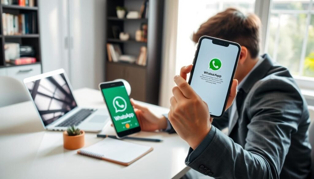 A person using an iPhone, focused on cleaning the WhatsApp cache, sits at a modern desk in a well-lit home office. The individual, dressed in smart casual attire, holds the iPhone, with the WhatsApp app open on the screen displaying the settings menu. In the foreground, there’s a clear view of the iPhone with its vibrant screen, showcasing the WhatsApp logo prominently. The middle ground features a sleek laptop and a notepad with handwritten notes. The background includes a stylish bookshelf filled with books and a small succulent plant on the desk, adding a touch of greenery. Soft natural light streams in from a nearby window, creating an inviting and productive atmosphere, emphasizing a sense of clarity and organization.