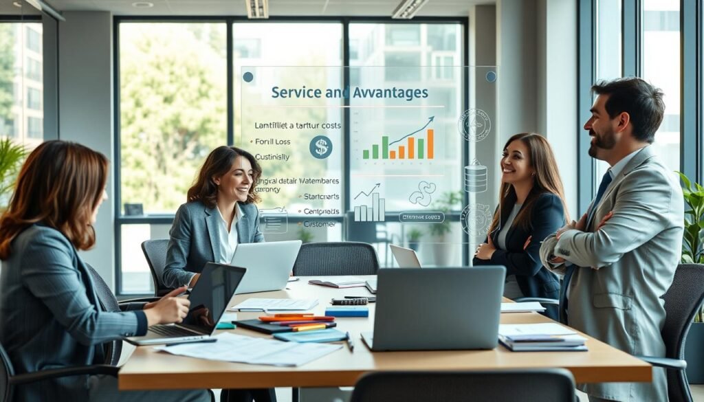 A professional business setting showcasing the advantages of service-based businesses. In the foreground, a diverse group of four people of different ages, including two women and two men, dressed in business attire, engaged in a lively discussion around a conference table cluttered with laptops, notepads, and charts. In the middle ground, a glass board displaying graphs and notes highlights key benefits like flexibility, low startup costs, and customer focus. The background features a modern office with large windows allowing natural light to flood in, creating an inviting atmosphere. The overall mood is dynamic and ambitious, emphasizing collaboration and success in starting a service-oriented career. The image should be well-lit, captured from a slightly elevated angle to showcase the engaged group and vibrant workspace. A professional business setting showcasing the advantages of service-based businesses. In the foreground, a diverse group of four people of different ages, including two women and two men, dressed in business attire, engaged in a lively discussion around a conference table cluttered with laptops, notepads, and charts. In the middle ground, a glass board displaying graphs and notes highlights key benefits like flexibility, low startup costs, and customer focus. The background features a modern office with large windows allowing natural light to flood in, creating an inviting atmosphere. The overall mood is dynamic and ambitious, emphasizing collaboration and success in starting a service-oriented career. The image should be well-lit, captured from a slightly elevated angle to showcase the engaged group and vibrant workspace.