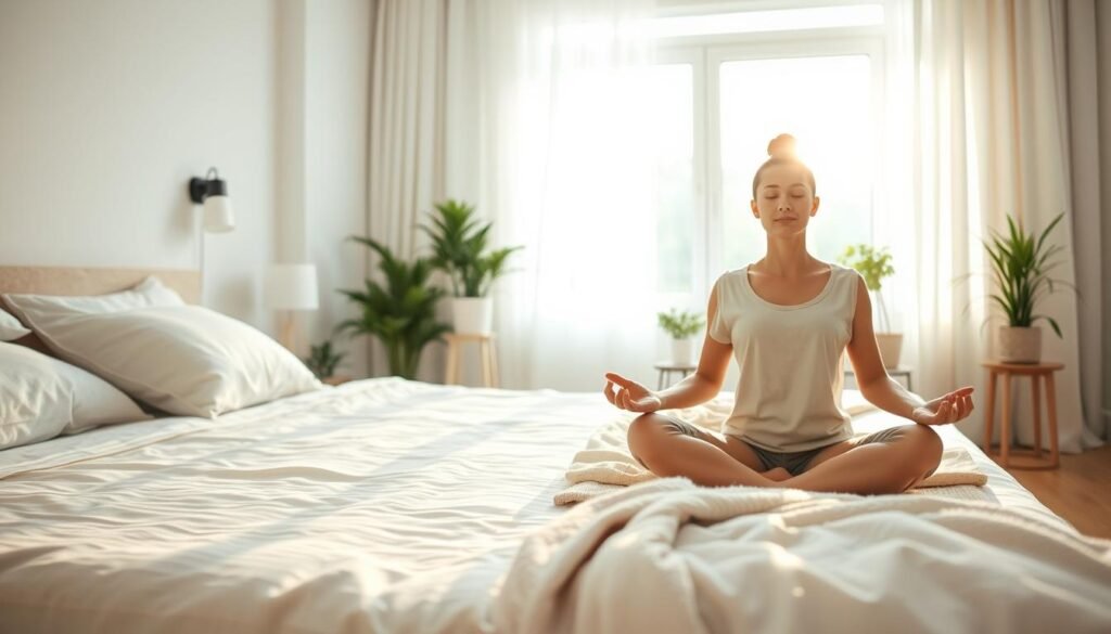 A serene bedroom scene infused with tranquility, focusing on a neatly made bed with soft, inviting pillows and a light, cozy blanket, suggesting quality sleep. In the foreground, a person in modest casual clothing practices mindfulness, sitting cross-legged on a yoga mat, with a peaceful expression. The middle ground transitions to a large window, letting in gentle morning light that casts warm, soft shadows across the room, enhancing the calm atmosphere. In the background, subtle touches of greenery, like potted plants, create a sense of connection to nature, emphasizing stress management. The mood is peaceful and restorative, promoting wellness and balance, with soft, natural lighting. The overall composition is framed from a slightly elevated angle, providing a comforting and inviting perspective.