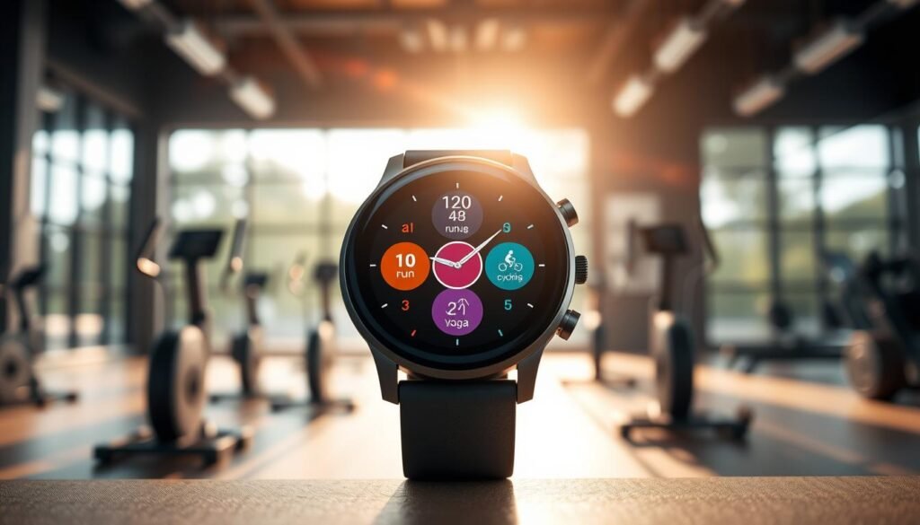 A sleek Amazfit Bip U smartwatch prominently displayed in the foreground, its vibrant screen showcasing various workout tracking modes such as running, cycling, and yoga. The watch is set against a softly blurred background of a modern gym environment, complete with exercise equipment and a large window allowing natural light to filter in, creating a warm and inviting atmosphere. The image captures a close-up angle that highlights the watch's detailed design and rich colors. The lighting is bright yet soft, emphasizing the modern technology while maintaining a motivational ambiance. The overall mood conveys a sense of energy and accessibility, perfect for fitness enthusiasts looking for an affordable workout companion. A sleek Amazfit Bip U smartwatch prominently displayed in the foreground, its vibrant screen showcasing various workout tracking modes such as running, cycling, and yoga. The watch is set against a softly blurred background of a modern gym environment, complete with exercise equipment and a large window allowing natural light to filter in, creating a warm and inviting atmosphere. The image captures a close-up angle that highlights the watch's detailed design and rich colors. The lighting is bright yet soft, emphasizing the modern technology while maintaining a motivational ambiance. The overall mood conveys a sense of energy and accessibility, perfect for fitness enthusiasts looking for an affordable workout companion.