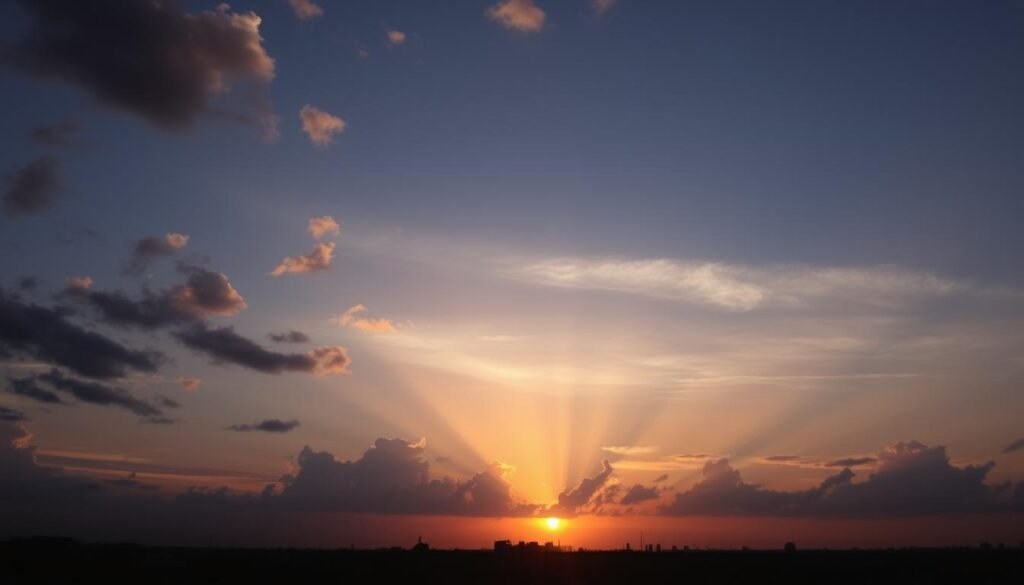 A stunning depiction of unusual sky phenomena over Depok, Indonesia, showcasing three distinct atmospheric events. In the foreground, a vibrant sunset illuminates the horizon with hues of orange and purple, casting warm light on scattered clouds. The middle ground features three captivating phenomena: a halo around the sun, a series of iridescent clouds, and beams of sunlight piercing through the cloud cover. The background is filled with silhouettes of urban structures, hinting at the bustling city below. Soft, diffused lighting creates a serene and mystical atmosphere, while a wide-angle lens captures the vastness of the sky. The overall mood is one of wonder and curiosity, inviting viewers to explore the mysteries of atmospheric science. A stunning depiction of unusual sky phenomena over Depok, Indonesia, showcasing three distinct atmospheric events. In the foreground, a vibrant sunset illuminates the horizon with hues of orange and purple, casting warm light on scattered clouds. The middle ground features three captivating phenomena: a halo around the sun, a series of iridescent clouds, and beams of sunlight piercing through the cloud cover. The background is filled with silhouettes of urban structures, hinting at the bustling city below. Soft, diffused lighting creates a serene and mystical atmosphere, while a wide-angle lens captures the vastness of the sky. The overall mood is one of wonder and curiosity, inviting viewers to explore the mysteries of atmospheric science.