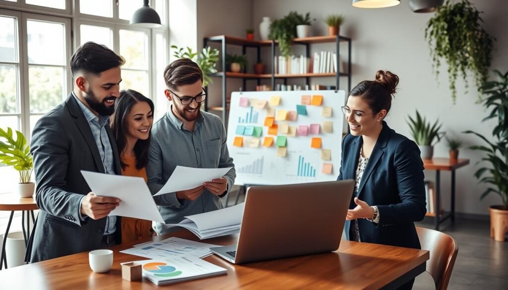 A vibrant and engaging scene illustrating small business development strategies. In the foreground, a diverse group of three professionals—two men and one woman—are gathered around a table with a laptop, analyzing graphs and documents. They are dressed in smart casual attire, conveying a collaborative spirit. The middle ground features a whiteboard with colorful sticky notes and diagrams, symbolizing brainstorming and planning. The background showcases a cozy coffee shop with shelves of books and plants, creating a warm, inviting atmosphere. Soft, natural lighting filters through large windows, casting gentle shadows, while the overall mood is optimistic and focused, embodying the essence of entrepreneurship and growth. A vibrant and engaging scene illustrating small business development strategies. In the foreground, a diverse group of three professionals—two men and one woman—are gathered around a table with a laptop, analyzing graphs and documents. They are dressed in smart casual attire, conveying a collaborative spirit. The middle ground features a whiteboard with colorful sticky notes and diagrams, symbolizing brainstorming and planning. The background showcases a cozy coffee shop with shelves of books and plants, creating a warm, inviting atmosphere. Soft, natural lighting filters through large windows, casting gentle shadows, while the overall mood is optimistic and focused, embodying the essence of entrepreneurship and growth.