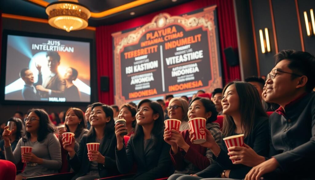 A vibrant cinema scene featuring a diverse group of people watching an international film premiere in a modern Indonesian theater. In the foreground, excited moviegoers of various ethnicities, dressed in smart casual attire, hold popcorn and drinks, their faces illuminated by the soft glow of the big screen. The middle ground showcases a large, ornate movie poster advertising the latest international films set to release in Indonesia, with titles written in both English and Indonesian. The background reveals plush red velvet seating and elegant lighting fixtures, contributing to a warm, inviting atmosphere. The image captures the excitement and cultural fusion of film appreciation, with soft focus and warm lighting to enhance the celebratory mood of cinematic storytelling.
