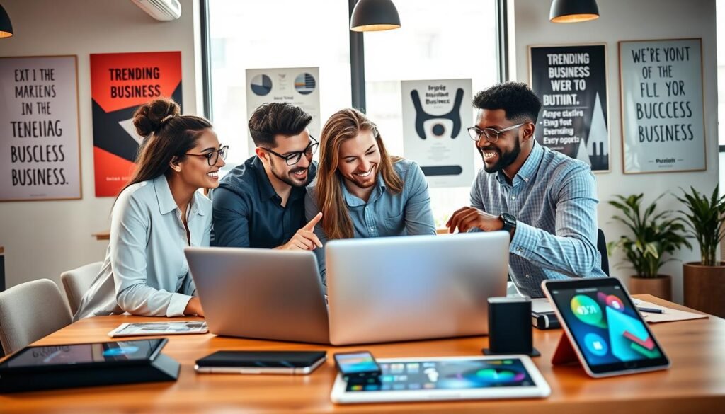 A vibrant digital workspace scene showcasing booming digital business opportunities. In the foreground, a diverse group of three professionals in smart casual attire share ideas around a sleek, modern laptop, with one person pointing at graphs on the screen, emphasizing teamwork and collaboration. In the middle ground, various digital devices like tablets and smartphones display trending business applications. The background features a stylish office adorned with motivational posters about innovation and success, bathed in soft, natural light coming through large windows. The atmosphere is energetic and inspiring, conveying a sense of thriving creativity and opportunity in the digital economy, captured from a slightly elevated angle to include the dynamic interactions in the workspace. A vibrant digital workspace scene showcasing booming digital business opportunities. In the foreground, a diverse group of three professionals in smart casual attire share ideas around a sleek, modern laptop, with one person pointing at graphs on the screen, emphasizing teamwork and collaboration. In the middle ground, various digital devices like tablets and smartphones display trending business applications. The background features a stylish office adorned with motivational posters about innovation and success, bathed in soft, natural light coming through large windows. The atmosphere is energetic and inspiring, conveying a sense of thriving creativity and opportunity in the digital economy, captured from a slightly elevated angle to include the dynamic interactions in the workspace.