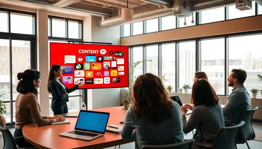 A vibrant office setting with a diverse group of professionals brainstorming around a modern conference table. In the foreground, an Asian woman in business attire is presenting a digital strategy on a large screen, showcasing colorful content ideas through engaging visuals. The middle layer features team members actively discussing, with laptops and notepads scattered around, expressing collaboration and creativity. The background includes large windows that allow natural light to flood the room, creating a bright and energetic atmosphere. The mood is dynamic and optimistic, emphasizing teamwork and innovation in digital marketing strategies. The overall color palette is warm, with pops of color to evoke enthusiasm and inspiration in content creation.
