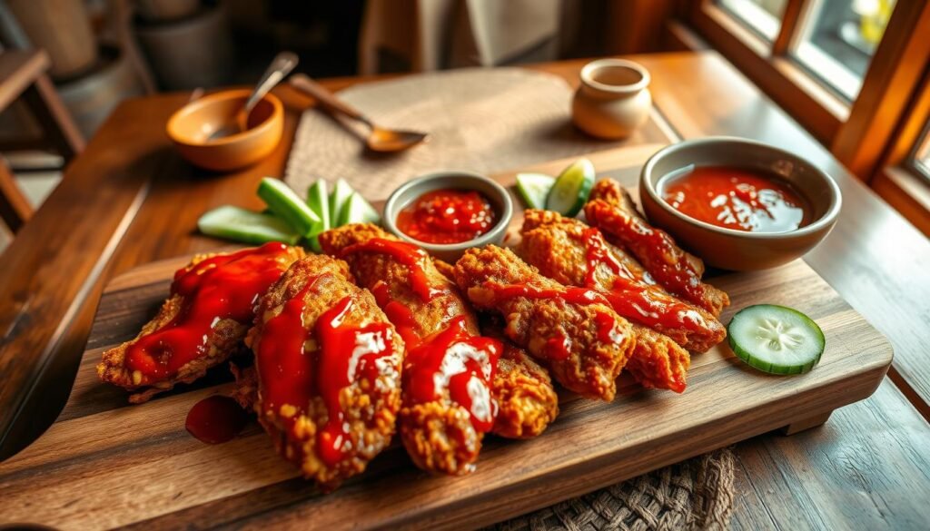 A visually appealing presentation of Ayam Geprek, a spicy Indonesian fried chicken dish, expertly arranged on a wooden serving board. In the foreground, succulent pieces of fried chicken are smashed flat, showcasing vibrant red chili sauce oozing over the golden crispy crust. Surrounding the chicken, fresh cucumber slices and a small bowl of sambal add color and contrast. The middle ground features a rustic table setting with a few traditional Indonesian utensils and a woven mat, enhancing the cultural essence of the dish. In the background, soft, natural lighting filters through a nearby window, casting a warm glow over the scene. The atmosphere is inviting, evoking a sense of home-cooked comfort and culinary delight. The camera angle is slightly elevated for a top-down view, ensuring each component is perfectly captured in this mouth-watering presentation. A visually appealing presentation of Ayam Geprek, a spicy Indonesian fried chicken dish, expertly arranged on a wooden serving board. In the foreground, succulent pieces of fried chicken are smashed flat, showcasing vibrant red chili sauce oozing over the golden crispy crust. Surrounding the chicken, fresh cucumber slices and a small bowl of sambal add color and contrast. The middle ground features a rustic table setting with a few traditional Indonesian utensils and a woven mat, enhancing the cultural essence of the dish. In the background, soft, natural lighting filters through a nearby window, casting a warm glow over the scene. The atmosphere is inviting, evoking a sense of home-cooked comfort and culinary delight. The camera angle is slightly elevated for a top-down view, ensuring each component is perfectly captured in this mouth-watering presentation.