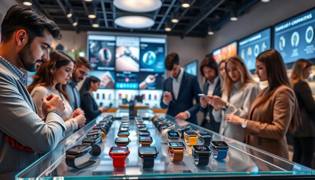 A visually appealing scene showcasing a modern smartwatch shopping experience in 2025. In the foreground, a diverse group of well-dressed individuals examines various stylish smartwatches displayed on a sleek, glass-top table. The middle ground features a vibrant tech store filled with high-tech gadgets and ambient lighting that creates a warm, inviting atmosphere. The background includes large screens displaying smartwatch features and comparisons in an immersive environment. Use soft, natural lighting to highlight the watches' innovative designs and colors, with a shallow depth of field to focus on the products. Capture a mood of excitement and curiosity as shoppers discover the best options for their first smartwatch. A visually appealing scene showcasing a modern smartwatch shopping experience in 2025. In the foreground, a diverse group of well-dressed individuals examines various stylish smartwatches displayed on a sleek, glass-top table. The middle ground features a vibrant tech store filled with high-tech gadgets and ambient lighting that creates a warm, inviting atmosphere. The background includes large screens displaying smartwatch features and comparisons in an immersive environment. Use soft, natural lighting to highlight the watches' innovative designs and colors, with a shallow depth of field to focus on the products. Capture a mood of excitement and curiosity as shoppers discover the best options for their first smartwatch.