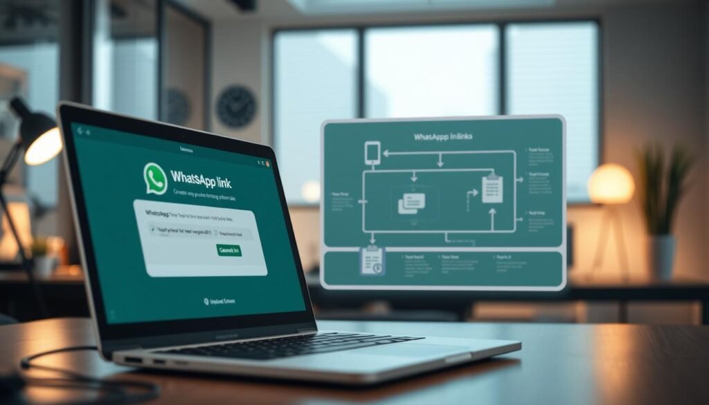 A visually engaging and informative scene depicting the process of creating a WhatsApp link. In the foreground, show a modern workspace with a laptop open to a WhatsApp web page displaying the link generation process. Include a hand using a mouse, clicking on a "Generate Link" button. The middle ground features an intuitive flowchart illustrating various methods of creating WhatsApp links, adorned with icons such as a smartphone and clipboard. The background should have soft, ambient lighting, enhancing a digital atmosphere with subtle tech-themed decorations. Use a shallow depth of field to focus on the laptop and flowchart, creating a sense of clarity and professionalism in a sleek office environment. The mood should be informative and inviting, encouraging users to explore WhatsApp link generation.