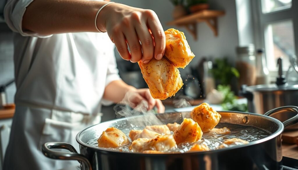 A well-lit kitchen setting showcasing the precise technique of frying chicken. In the foreground, a professional chef wearing a crisp white apron is carefully placing seasoned chicken pieces into a hot, bubbling pot of oil. The chef has a focused expression, demonstrating expertise. In the middle, vivid details of the chicken frying, with golden crispy skin and small splashes of oil visible, create an inviting culinary atmosphere. In the background, there are neatly arranged ingredients such as garlic, spices, and fresh herbs, hinting at a delicious recipe. Soft, natural light streams from a window, illuminating the scene and enhancing the warm, appetizing mood, captured with a shallow depth of field to emphasize the action of frying. A well-lit kitchen setting showcasing the precise technique of frying chicken. In the foreground, a professional chef wearing a crisp white apron is carefully placing seasoned chicken pieces into a hot, bubbling pot of oil. The chef has a focused expression, demonstrating expertise. In the middle, vivid details of the chicken frying, with golden crispy skin and small splashes of oil visible, create an inviting culinary atmosphere. In the background, there are neatly arranged ingredients such as garlic, spices, and fresh herbs, hinting at a delicious recipe. Soft, natural light streams from a window, illuminating the scene and enhancing the warm, appetizing mood, captured with a shallow depth of field to emphasize the action of frying.