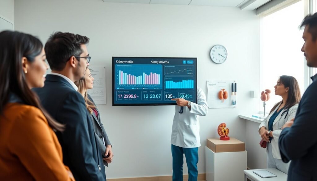 A healthcare professional in a modern clinic examines a digital screen displaying kidney health metrics, emphasizing early detection of kidney issues. The foreground features a diverse group of young adults dressed in professional business attire, engaged in a discussion about kidney health. In the middle ground, a nurse stands beside the screen, pointing at the data, while a brightly lit examination room provides a clean and organized backdrop with medical charts and anatomical kidney models. Soft, natural light filters in through a window, casting an optimistic glow. The atmosphere is focused and proactive, illustrating the importance of early detection and prevention of kidney damage in youth. The image should capture a sense of urgency and care without including any textual elements, logos, or distractions.