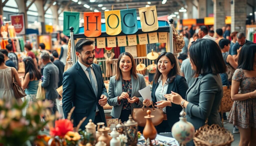 A vibrant and engaging scene showcasing the innovation in the preloved and custom products market. In the foreground, display a diverse group of five individuals, men and women dressed in professional attire, enthusiastically discussing and showcasing unique custom items, such as handmade jewelry, upcycled fashion, and personalized home décor. The middle of the image features a lively market stall adorned with colorful banners and elegantly arranged products that highlight creativity and sustainability. In the background, a bustling marketplace filled with shoppers browsing and interacting creates a dynamic atmosphere. Soft, warm lighting enhances the inviting feel, while a shallow depth of field focuses on the individuals, suggesting innovation and community spirit. The overall mood is energetic and inspiring, emphasizing the simple yet impactful nature of the preloved and custom product market.