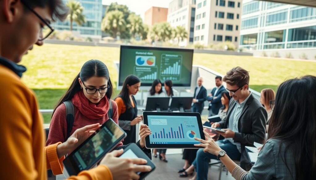A vibrant university campus scene showcasing the strategic role of digital technology in higher education. In the foreground, diverse students of different ethnicities engage with tablets and laptops, collaborating on digital projects. In the middle ground, a modern lecture hall is visible, featuring a large screen displaying virtual learning materials and interactive graphs. Professors in professional attire oversee the students from an elevated platform. In the background, a lush green lawn and contemporary buildings symbolize an innovative academic environment. The lighting is bright and inviting, emulating a sunny day, enhancing the atmosphere of inspiration and creativity. The angle is slightly elevated, capturing the dynamic interaction among students and faculty, with a focus on digital tools as a catalyst for learning. A vibrant university campus scene showcasing the strategic role of digital technology in higher education. In the foreground, diverse students of different ethnicities engage with tablets and laptops, collaborating on digital projects. In the middle ground, a modern lecture hall is visible, featuring a large screen displaying virtual learning materials and interactive graphs. Professors in professional attire oversee the students from an elevated platform. In the background, a lush green lawn and contemporary buildings symbolize an innovative academic environment. The lighting is bright and inviting, emulating a sunny day, enhancing the atmosphere of inspiration and creativity. The angle is slightly elevated, capturing the dynamic interaction among students and faculty, with a focus on digital tools as a catalyst for learning.